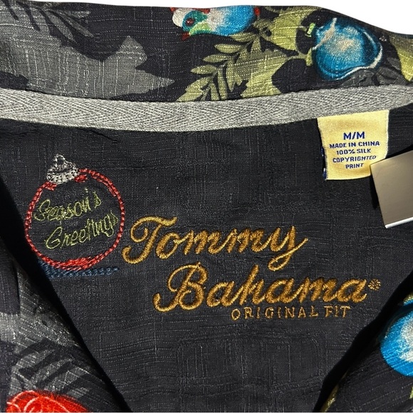 2014 TOMMY BAHAMA Seasons Greetings Silk Shirt sz M Tree Bird Ornament Christmas - Picture 8 of 12